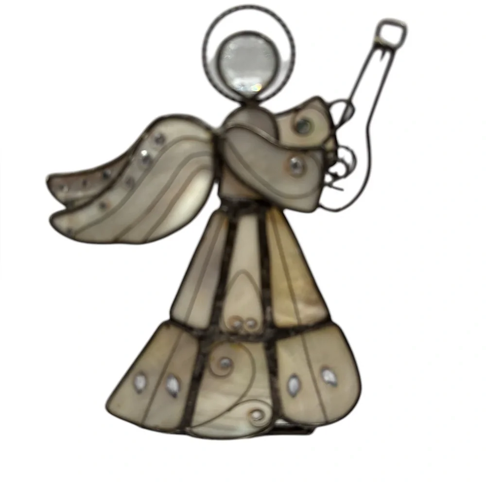 Capiz Shell Silver Tone Metal Angel Tea Light Candle Holder